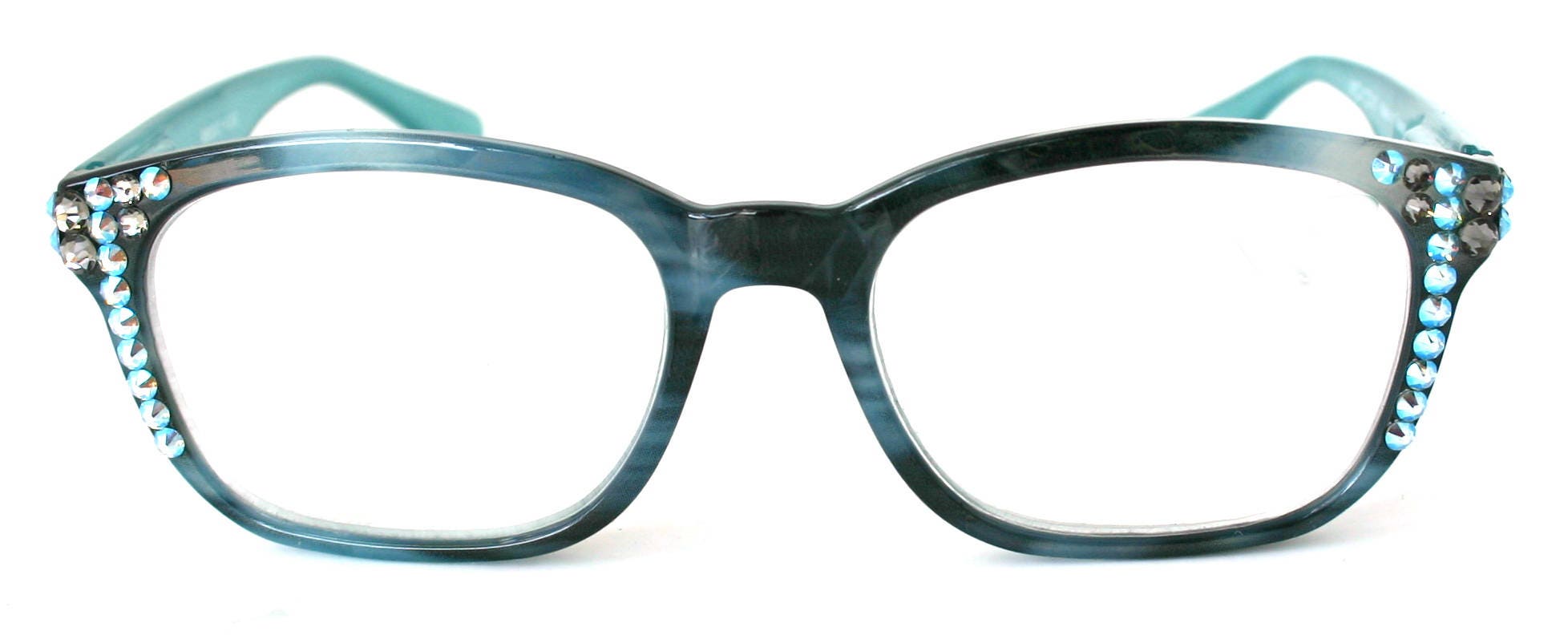 Reading Glasses 4 Women W (Aquamarine, Black Diamond) Genuine European Crystals.(Teal Blue) Marble Pattern Frame.