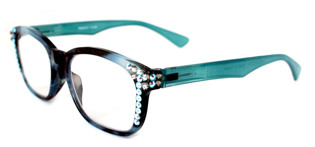 Reading Glasses 4 Women W (Aquamarine, Black Diamond) Genuine European Crystals.(Teal Blue) Marble Pattern Frame.
