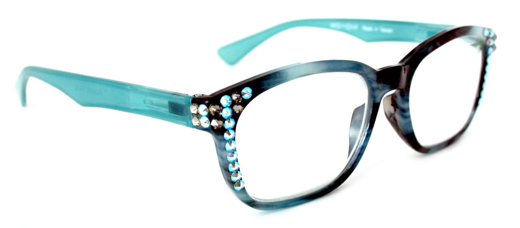 Reading Glasses 4 Women W (Aquamarine, Black Diamond) Genuine European Crystals.(Teal Blue) Marble Pattern Frame.